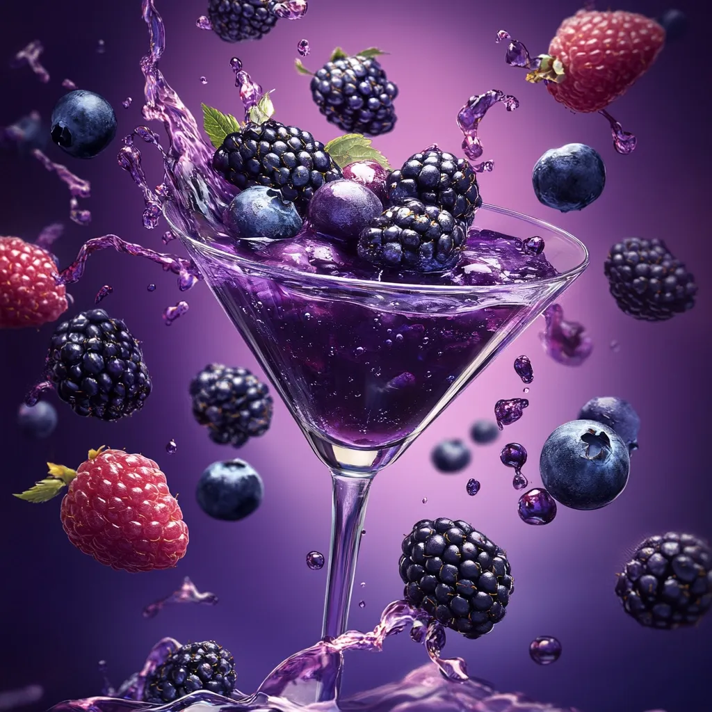 A vibrant purple cocktail, possibly a berry-flavored martini, is the centerpiece of the image.  Blackberries, raspberries, and blueberries are suspended in mid-air, creating a dynamic splash around the glass.  The deep purple background complements the rich colors of the fruit and drink, suggesting a refreshing and luxurious beverage.  The overall impression is one of playful energy and fruity deliciousness.