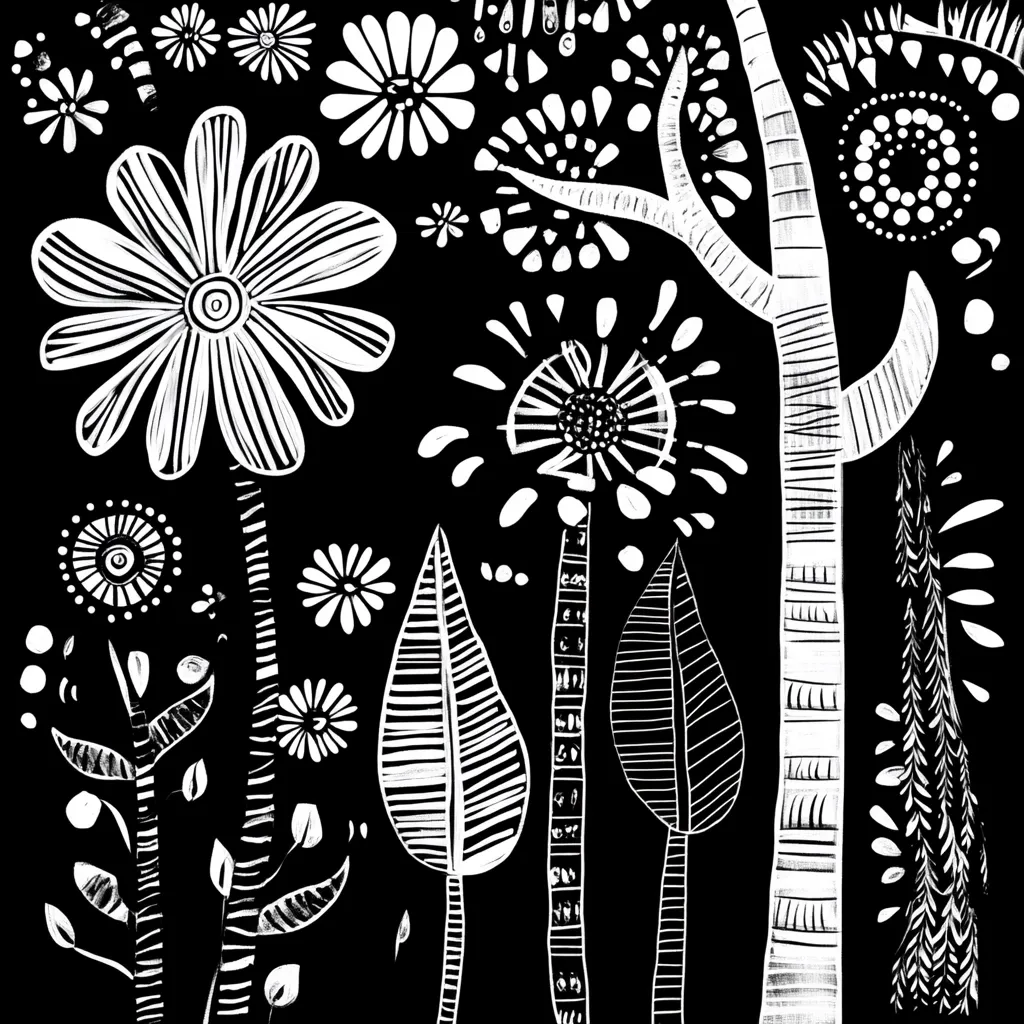 A black and white illustration features stylized floral and tree motifs.  Bold, graphic flowers with thick petals and contrasting lines dominate, interspersed with simpler floral elements and textured trees. The design is densely packed, creating a vibrant, almost whimsical, forest scene.  The stark contrast between black and white enhances the bold lines and shapes.