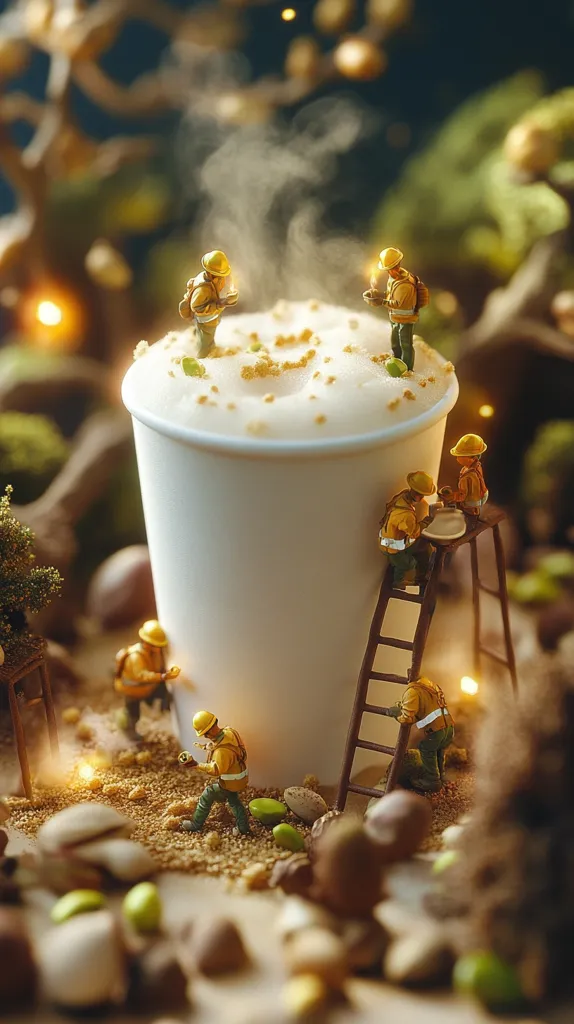 Miniature workers, clad in yellow hard hats, surround a large cup of frothy coffee.  They appear to be constructing or decorating the drink, adding small, scattered elements to the top.  The scene is set within a whimsical, miniature forest, illuminated by warm, soft lighting, creating a fantastical and enchanting image.  The coffee steams gently, adding to the overall cozy atmosphere.