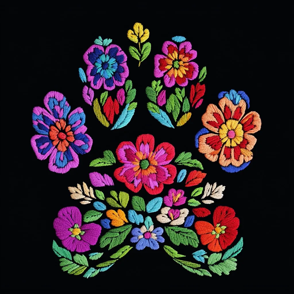 A vibrant embroidered paw print design, crafted in the style of Mexican folk art.  Colorful flowers in pinks, oranges, reds, purples, and blues are densely stitched onto a black background, creating a lively and festive image. The flowers are intricately detailed, showcasing a variety of shapes and sizes, forming a striking floral paw. The overall effect is one of bold color and intricate handwork.