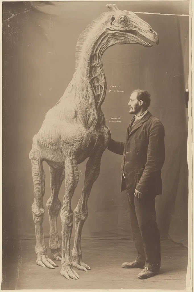 A sepia-toned photograph shows a man standing next to a large, sculpted model of a prehistoric creature. The creature resembles a quadruped with a long neck and head, detailed musculature, and clawed feet.  The man is dressed in a dark suit, and appears to be observing the model.  Handwritten annotations are visible on the model, possibly indicating anatomical features. The image has a historical feel, possibly from the late 19th or early 20th century.