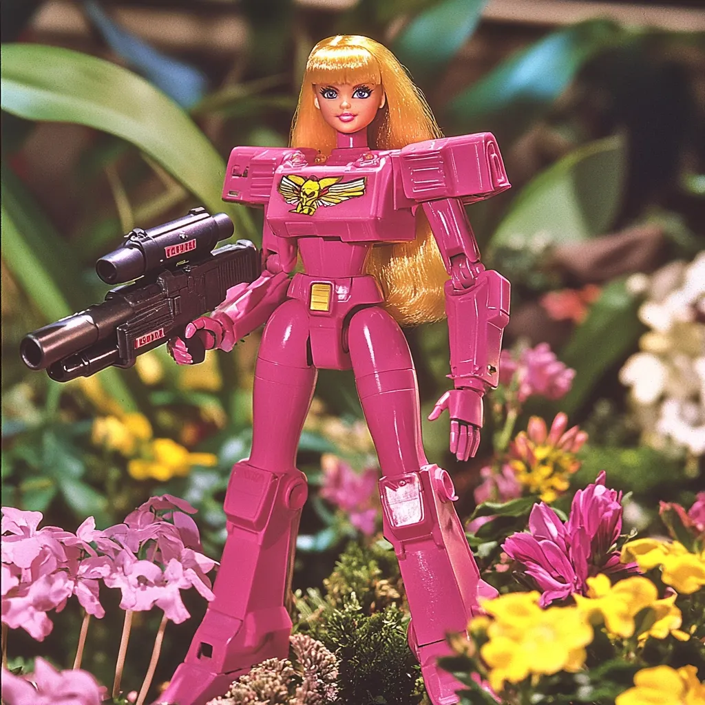 A Barbie doll, styled in a vibrant pink mech suit, stands amidst a lush garden.  Her blonde hair cascades down her back, contrasting with the bold pink armor. She holds a large, dark-colored weapon, adding to the powerful yet feminine aesthetic.  The scene blends a playful, feminine icon with elements of science fiction action.