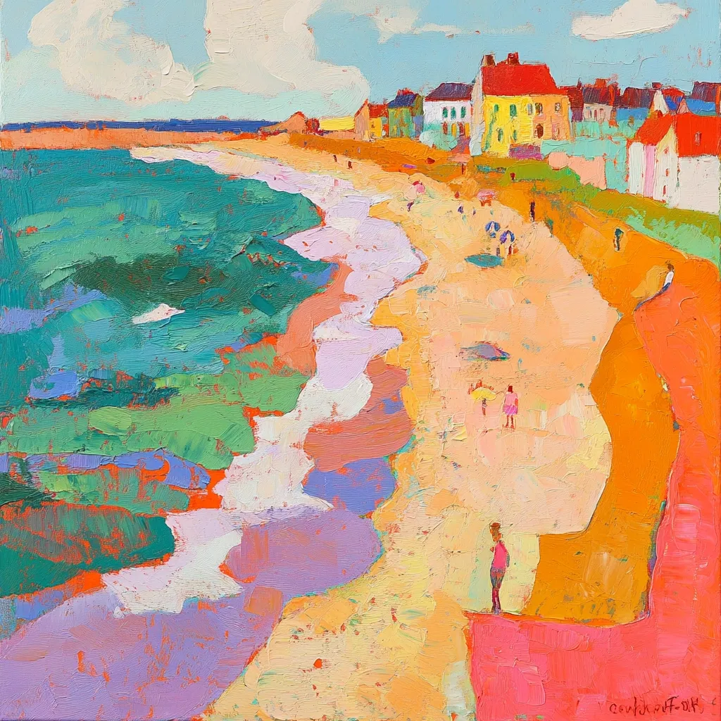 A vibrant impasto painting depicts a beach scene.  Turquoise and green waves roll onto a sandy shore, where colorful houses line the coast.  Small figures of people dot the beach, adding a sense of scale. The artist uses bold strokes and a warm color palette, emphasizing the lively atmosphere of a sunny day by the sea.  A pink cliff is prominent in the foreground, adding contrast and a focal point.