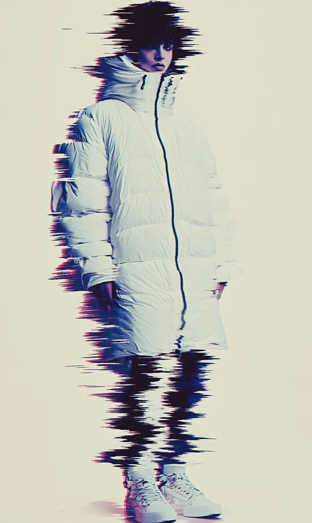 A fashion image showcases a model wearing a long, white puffer jacket.  The image is stylized with a digital glitch effect, creating a distorted, wave-like pattern around the model's body and legs.  The model's face is partially obscured, and they wear light-colored high-top sneakers. The overall aesthetic is modern and somewhat abstract.