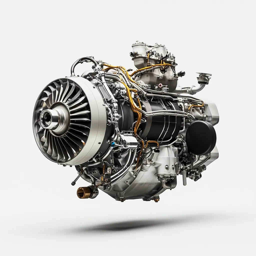A detailed close-up showcases a turbofan engine, meticulously rendered against a stark white backdrop.  The intricate network of components, including the fan blades, compressor, and combustion chamber, are clearly visible.  Gold-colored wiring and piping accentuate the engine's complex internal structure, highlighting its precision engineering. The image emphasizes the power and technological sophistication of the aircraft engine.