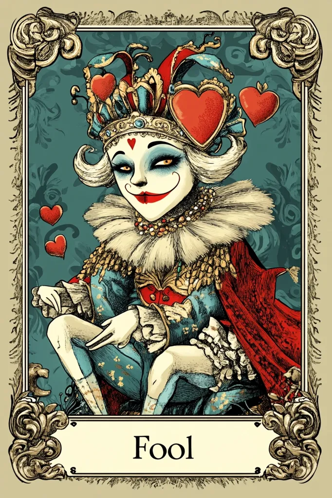 A stylized illustration of the "Fool" card from a tarot deck.  The Fool is depicted as a jester-like figure, wearing a crown adorned with hearts, a richly detailed costume, and a playful expression.  The card features ornate flourishes, a muted teal background, and floating hearts, creating a whimsical yet slightly unsettling atmosphere. The word "Fool" is prominently displayed at the bottom.