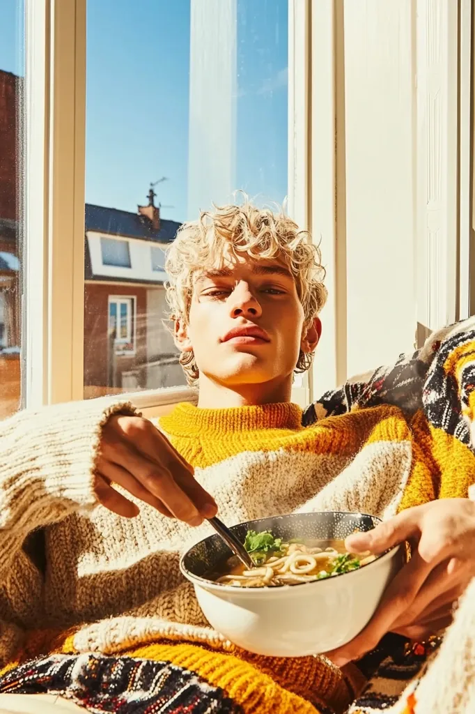 A young man with blond curly hair sits by a sunlit window, wearing a cream and mustard yellow knit sweater.  He holds a bowl of steaming noodle soup, using a spoon to eat.  The warm light creates a cozy and inviting atmosphere.  The background shows a blurred view of buildings outside the window.