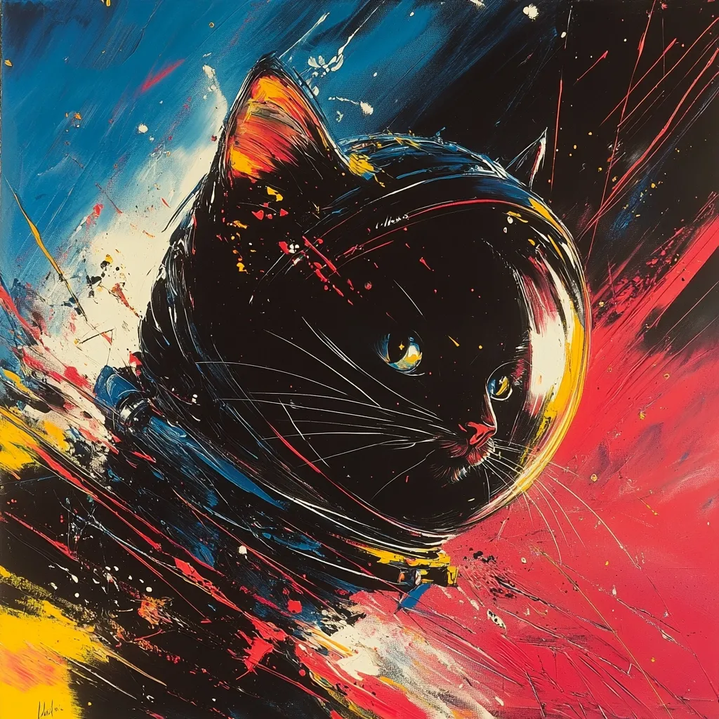 A vibrant abstract painting depicts a black cat wearing an astronaut helmet, set against a dynamic backdrop of cosmic colors.  Bold brushstrokes of blue, red, yellow, and black create a sense of movement and energy, suggesting the cat is traveling through space. The cat's expression is serene, contrasting with the chaotic background, creating a striking visual juxtaposition.  The style is expressionistic, prioritizing emotion and movement over realistic detail.