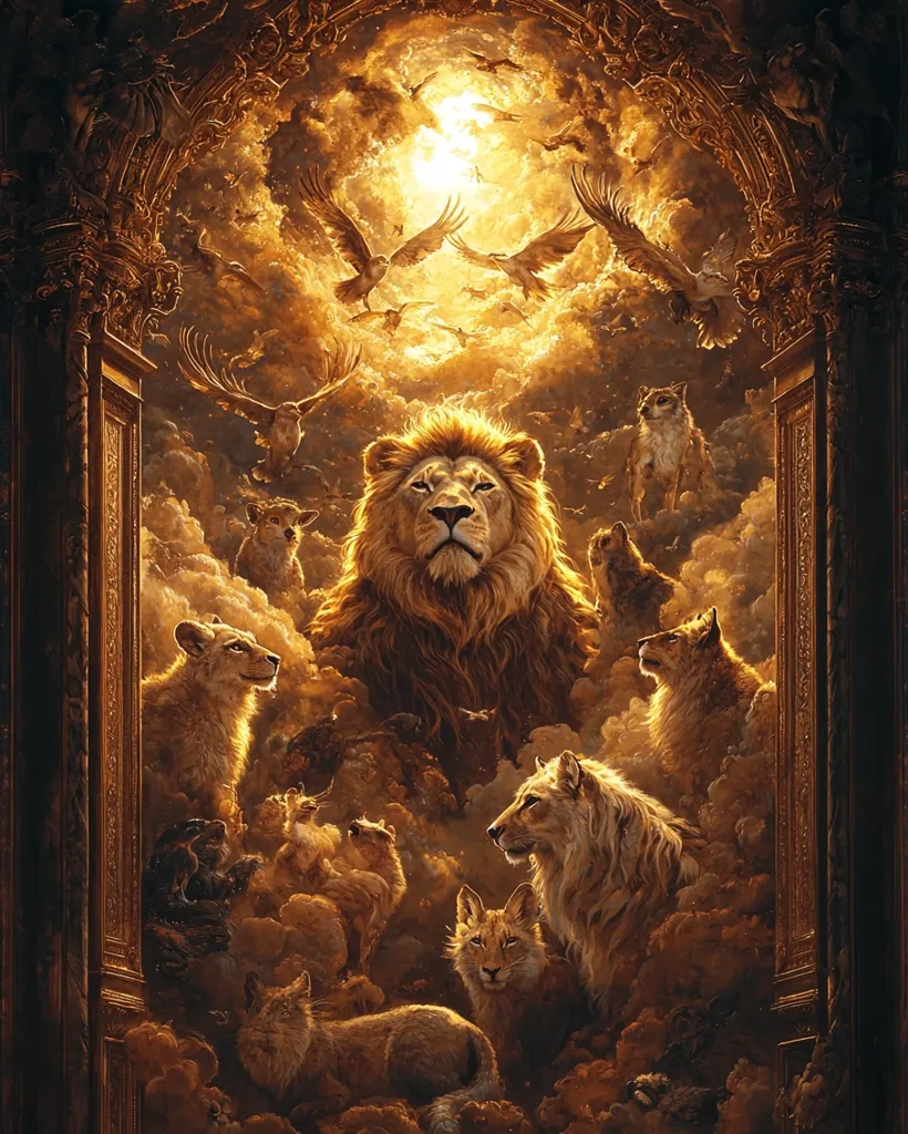 A majestic lion, surrounded by other animals, stands within a golden archway.  Birds soar above in a radiant, heavenly light.  The scene is imbued with a sense of divinity and peace, the animals appearing serene and majestic amidst a swirling, golden cloud-filled sky. The overall impression is one of spiritual harmony and power.