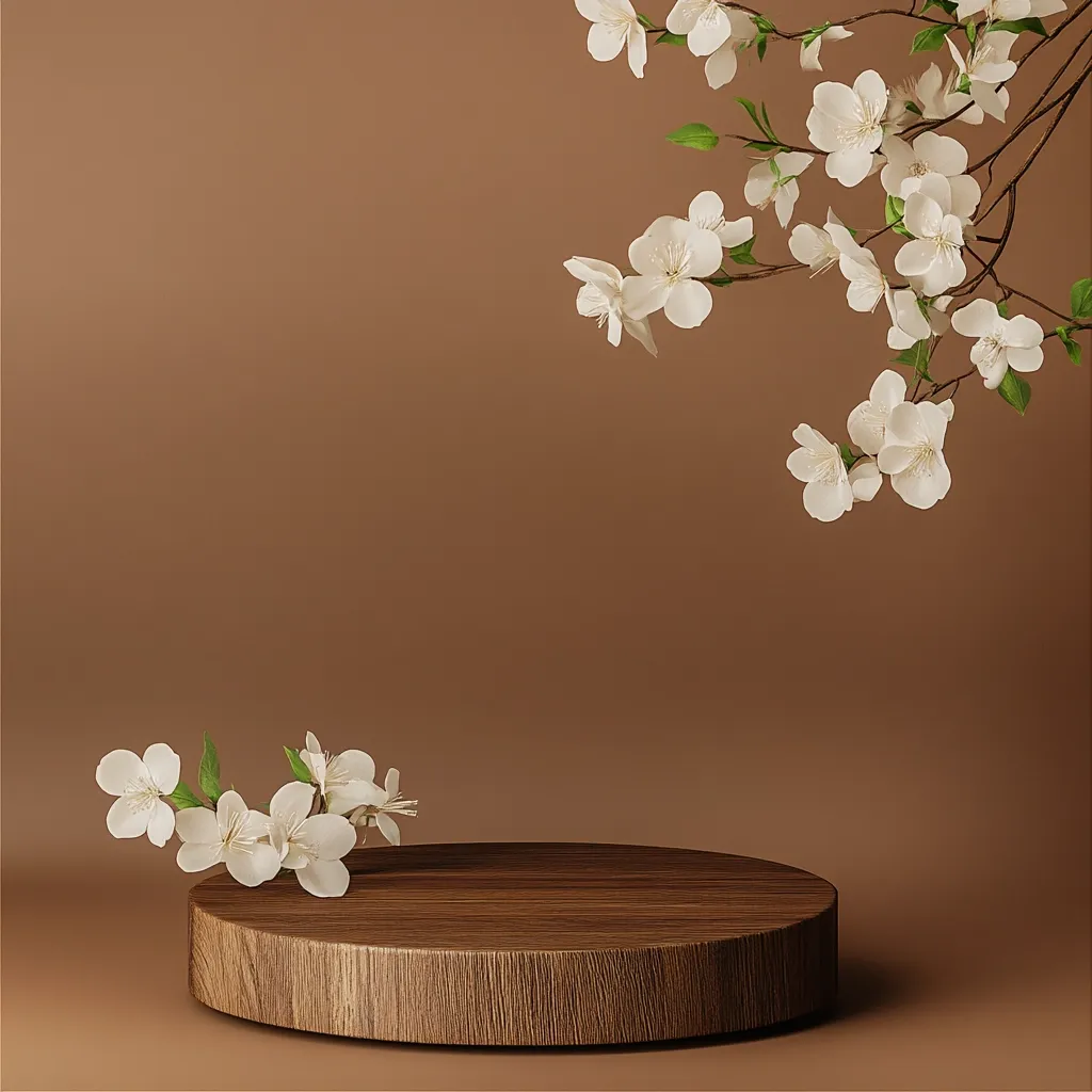 A minimalist scene features a circular wooden podium against a muted brown backdrop.  Delicate white blossoms from a flowering branch are artfully arranged above and to the side of the podium, creating an elegant and serene display.  The image suggests a clean, natural aesthetic, perfect for showcasing products or as a calming visual.