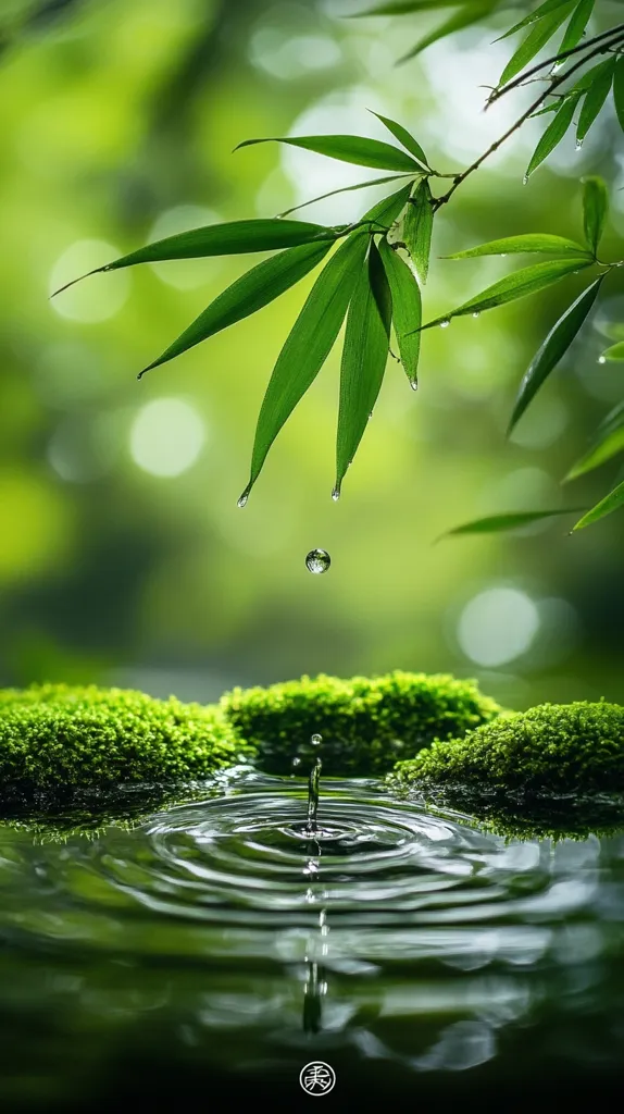 A single drop of water falls from a vibrant green bamboo leaf, creating concentric ripples in a calm pool surrounded by lush moss. The serene scene is bathed in soft, diffused light, emphasizing the tranquility and purity of nature.  The overall image evokes a feeling of peace and harmony.
