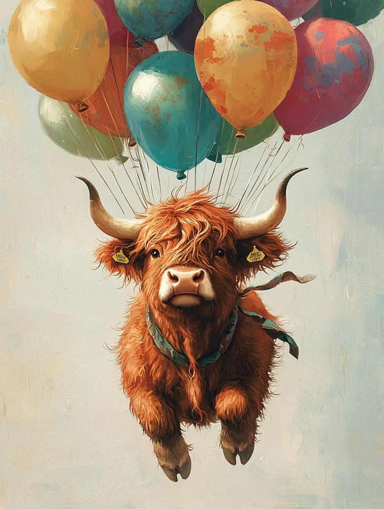 A Highland cow, adorned with a teal bandana, floats serenely amidst a cluster of colorful balloons.  The cow's fluffy reddish-brown coat contrasts against the pastel hues of the balloons, creating a whimsical and charming scene.  Yellow ear tags are visible, adding a touch of realism to the fantastical image. The overall style is painterly and slightly textured, evoking a sense of warmth and joy.