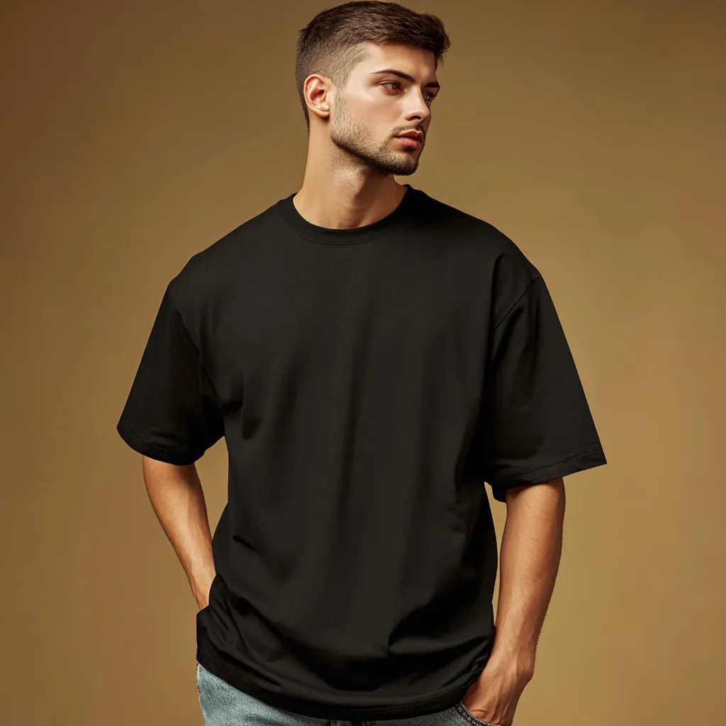 A young man with short, dark hair models a black oversized t-shirt.  He has a neatly trimmed beard and is looking off to his right.  His hands are in his pockets, and he's wearing light blue jeans. The background is a muted gold-brown. The overall style is simple and casual.