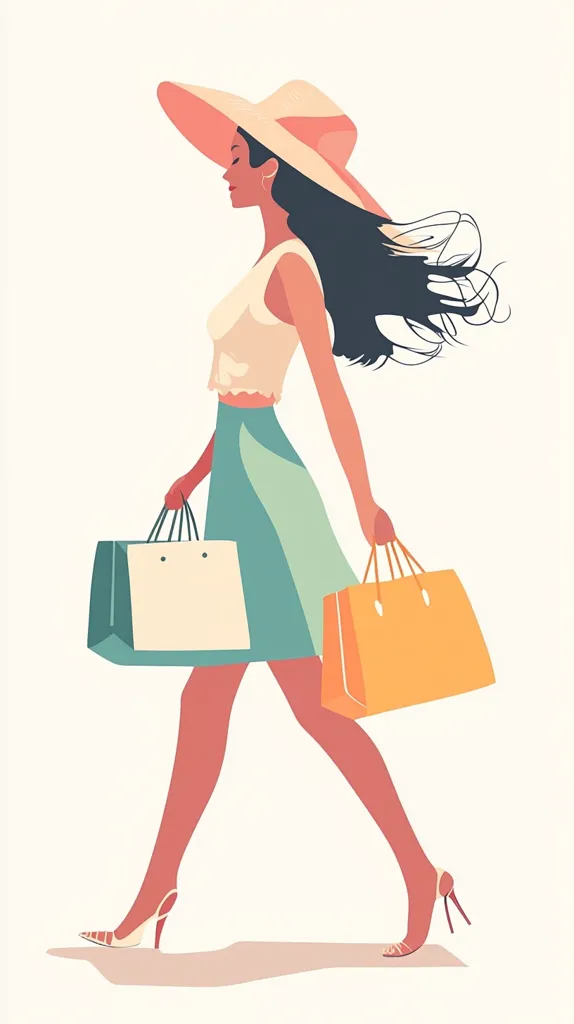 A stylish woman with long dark hair, wearing a wide-brimmed hat and a teal skirt, strides confidently.  She carries two shopping bags, one beige and one yellow-orange, showcasing a carefree and fashionable post-shopping scene. Her elegant heels and flowing hair add to her graceful movement. The overall style is minimalist and chic.