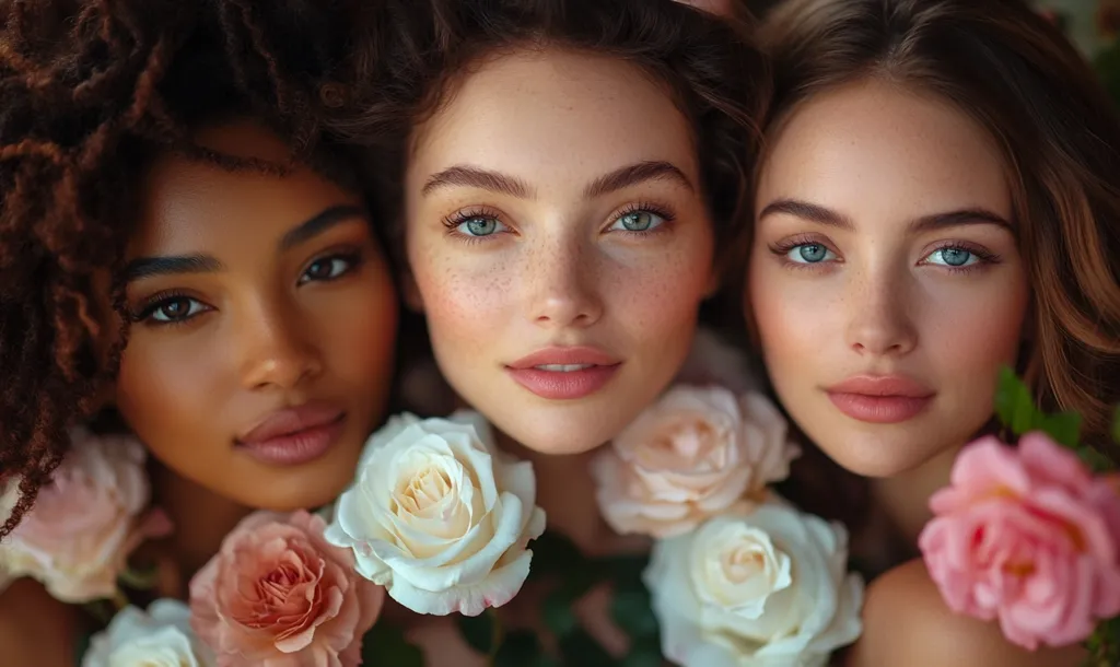 Close-up portrait of three young women with diverse skin tones, nestled amongst delicate roses.  Their faces are beautifully lit, highlighting their features and makeup.  The image evokes a sense of natural beauty and feminine solidarity.  Soft pastel colors of the roses complement their complexions, creating a harmonious and serene atmosphere.