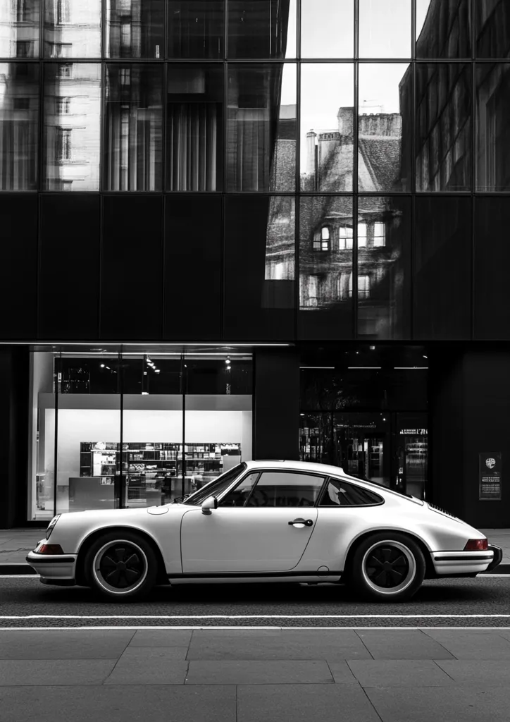 A classic white Porsche 911 is parked on a city street in front of a modern glass building.  The building's reflective windows show a distorted cityscape. The monochrome image creates a stark contrast between the sleek car and the architectural backdrop.  The street is empty, highlighting the car's presence.