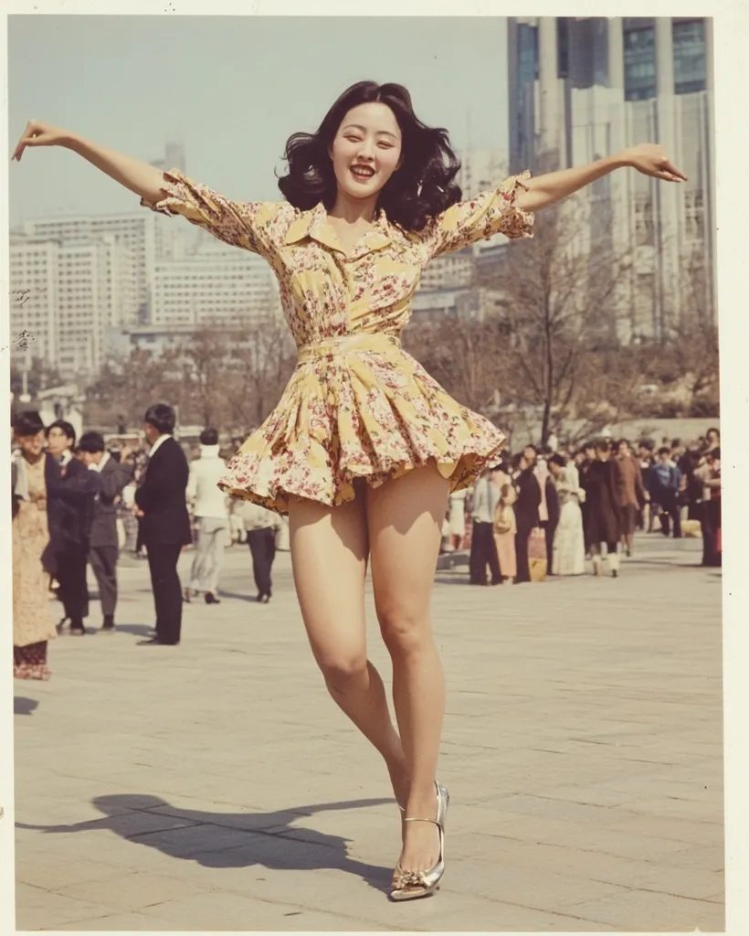 A young woman with dark hair, wearing a yellow floral mini dress and silver shoes, joyfully leaps across a city square. Her arms are outstretched, suggesting freedom and exuberance.  The background shows a blurred cityscape with several people observing her. The photograph has a vintage, possibly 1970s, aesthetic.