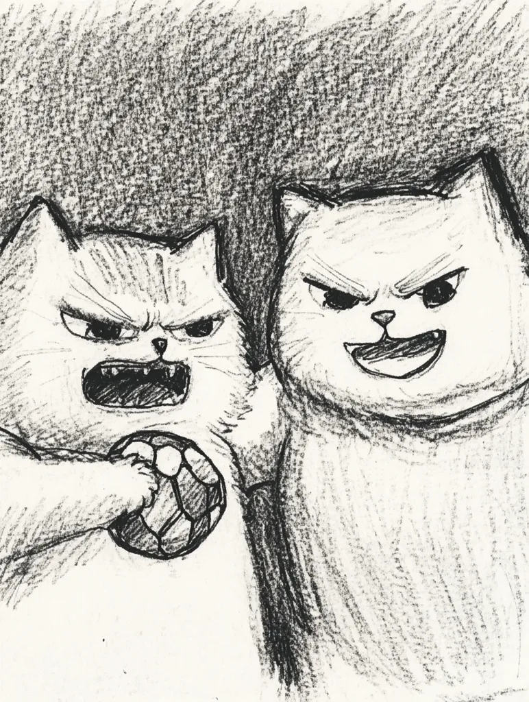 A pencil sketch depicts two angry cats vying for possession of a soccer ball.  The cats are drawn with fierce expressions, bared teeth, and intense eyes.  The style is expressive and slightly cartoonish, emphasizing the animals' aggressive postures and the playful tension of the scene.  The shading is done with cross-hatching, creating a textured effect.