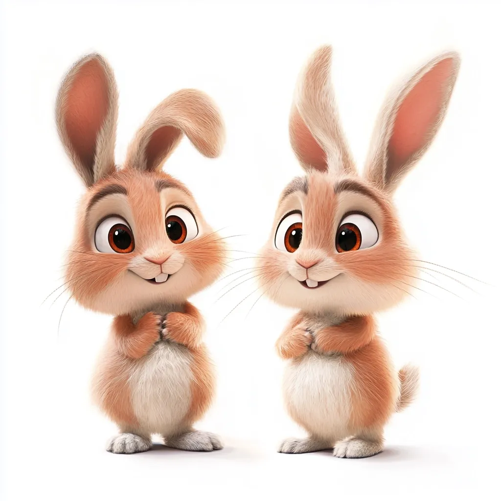 Two adorable, cartoon bunnies stand side-by-side against a white background.  They are light brown with fluffy fur and large, expressive eyes.  Both bunnies have their paws neatly pressed together, appearing sweet and innocent. Their endearing features and pose create a charming and playful image.