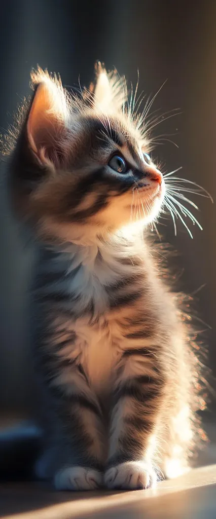 A fluffy grey and brown kitten sits bathed in sunlight, its body slightly angled to the right.  Its large, bright blue eyes gaze upward, and its long whiskers extend outward.  The kitten's soft fur is illuminated, highlighting its delicate features and tiny paws.  The background is dark, creating a dramatic contrast with the brightly lit kitten.
