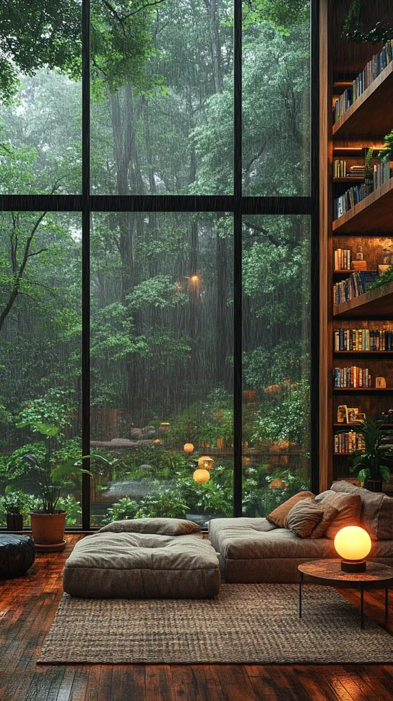 A cozy room features a large window showcasing a lush, rain-soaked forest.  A low seating area with plush cushions sits on a textured rug, bathed in the soft glow of a table lamp.  A built-in wooden bookcase filled with books lines one wall, adding to the room's tranquil and inviting atmosphere.  The overall aesthetic is one of serene, nature-inspired comfort.