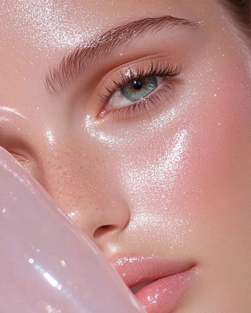 Close-up of a woman's face, adorned with shimmering, light pink glitter makeup.  Her eye, featuring subtle eyeshadow and long lashes, is the focal point.  A soft, glossy pink lip completes the ethereal look.  Part of a translucent, rose-colored object is visible in the bottom left corner, adding to the dreamy aesthetic.  The overall impression is one of delicate beauty and luminosity.