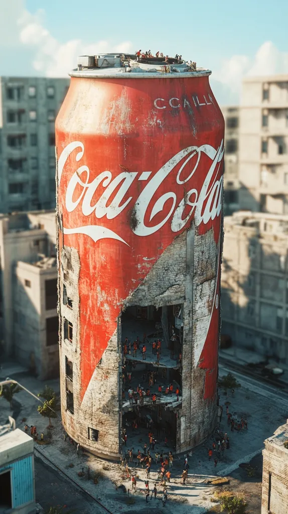 A colossal, weathered Coca-Cola can stands amidst a ruined cityscape.  Its surface is scarred and peeling, revealing a crumbling interior structure.  Tiny figures are scattered around the base and inside the can's hollowed-out core, suggesting a post-apocalyptic scene where the can serves as a makeshift shelter or landmark.  The contrast between the iconic brand and the desolate surroundings creates a striking visual commentary.