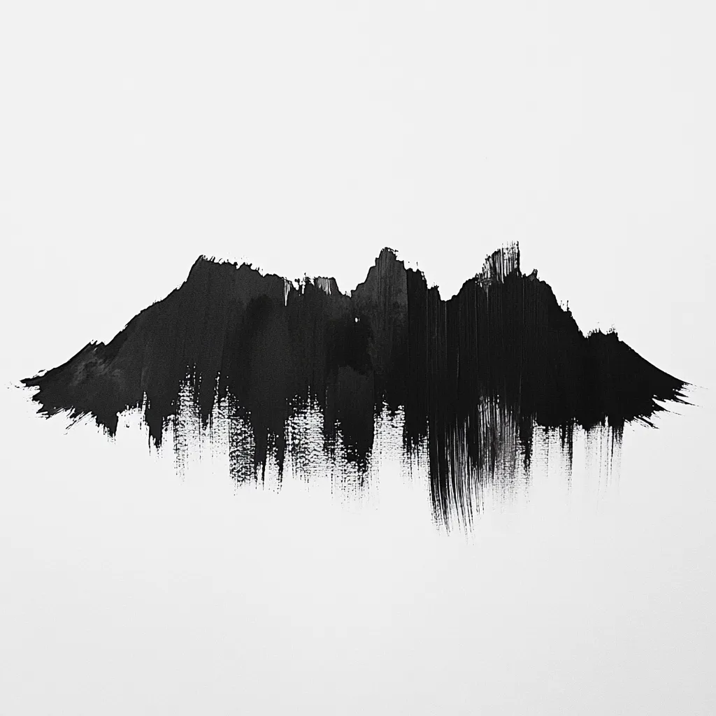 A minimalist black ink painting on white paper.  The black ink is applied in a broad, horizontal stroke, suggesting a mountain range or abstract landscape. The texture is rough and expressive, with visible brushstrokes creating a sense of depth and movement.  The stark contrast between the black and white emphasizes the simplicity and power of the image.