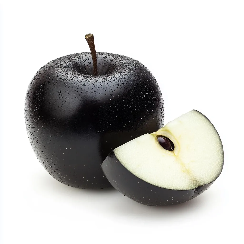 A black apple, glistening with water droplets, is presented alongside a cut slice revealing its pale, creamy interior. The dark, almost obsidian skin contrasts sharply with the light flesh, showcasing the unique appearance of this unusual fruit.  The single seed is clearly visible in the center of the slice. The image is set against a clean, white background.