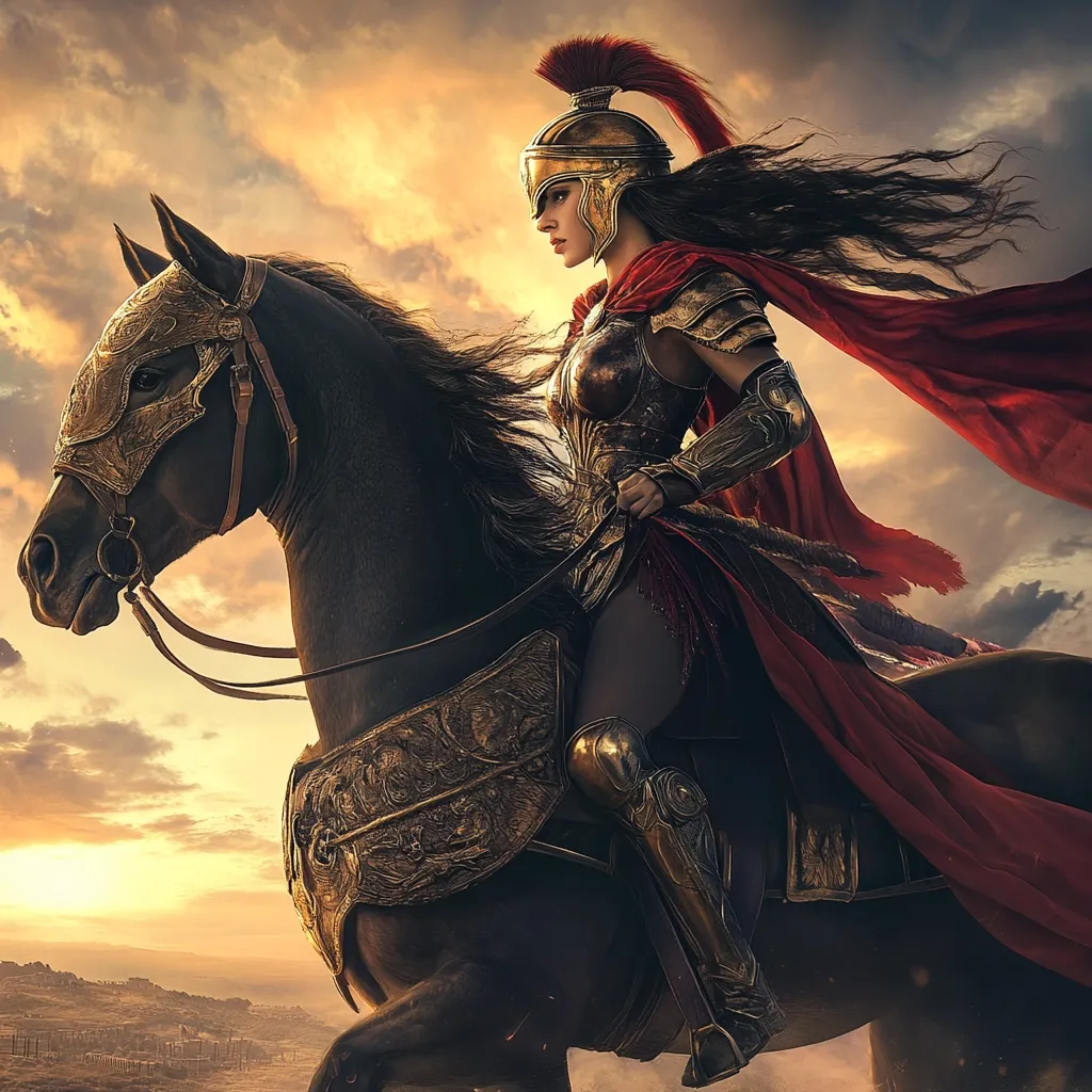 A female warrior, clad in ornate golden armor and a flowing red cape, sits astride a powerfully built black horse.  Her helmet is adorned with a crimson plume.  The setting sun casts a warm glow on the scene, with a distant cityscape visible below.  The image evokes a sense of strength, power, and epic adventure.