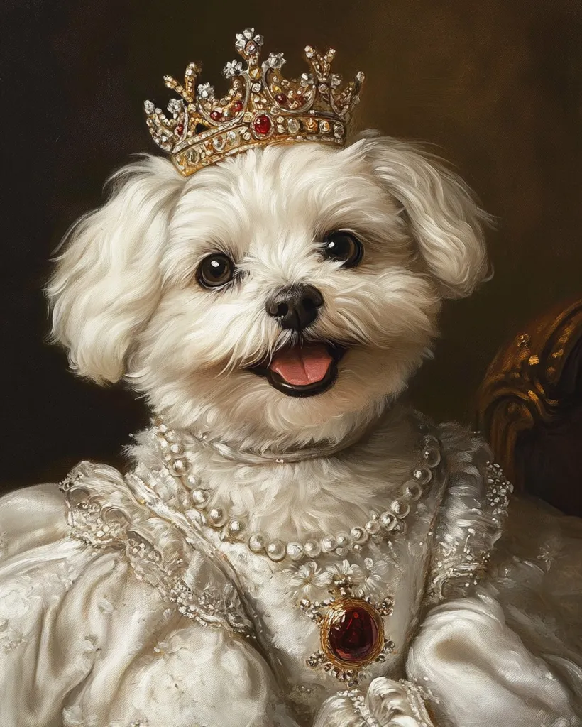 A regal Maltese dog is depicted in a painting, wearing a jeweled crown and an ornate white gown adorned with pearls and a ruby pendant.  The dog's expression is joyful, and the painting is rendered in a style reminiscent of classical portraiture.  The background is dark, drawing focus to the brilliantly attired canine subject. The overall effect is one of charming grandeur.