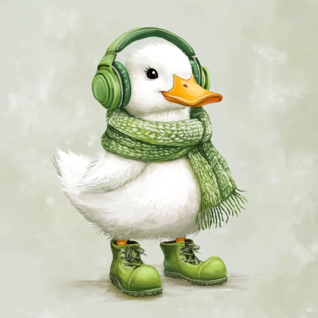 A charming illustration of a white duckling wearing green headphones, a knitted scarf, and sturdy green boots. The duckling has a cheerful expression, and the overall style is cute and whimsical.  The pastel green color palette enhances the image's gentle and endearing quality. The background is a muted, textured light green.