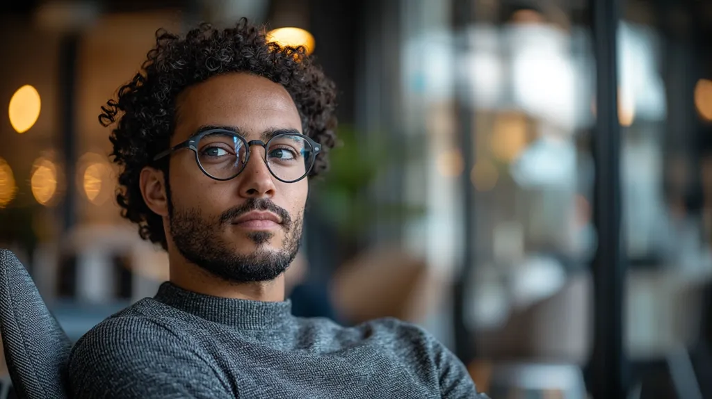 A young man with curly brown hair and a beard sits in a chair, wearing round glasses and a gray sweater.  His expression is thoughtful, his gaze directed slightly away from the camera. The background is blurred, suggesting a coffee shop or similar public space with warm lighting and out-of-focus details.  He appears relaxed yet contemplative.