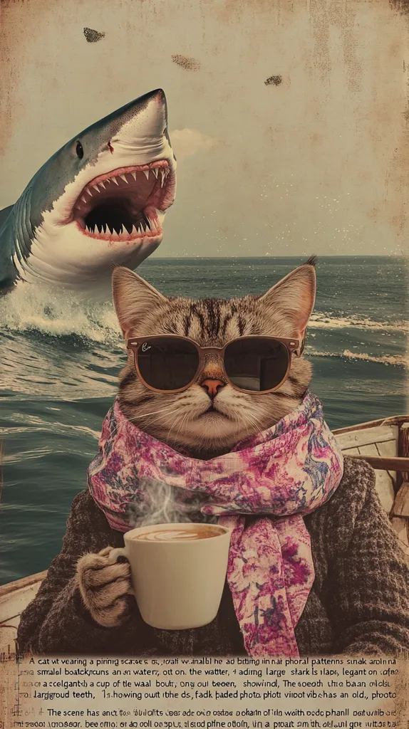 A stylish cat, wearing sunglasses and a patterned scarf, sits in a boat, enjoying a hot beverage.  A large great white shark looms in the background, creating a humorous juxtaposition of calmness and danger. The vintage-style image has a faded, slightly textured effect, enhancing its nostalgic feel.  The scene is whimsical and unexpected.