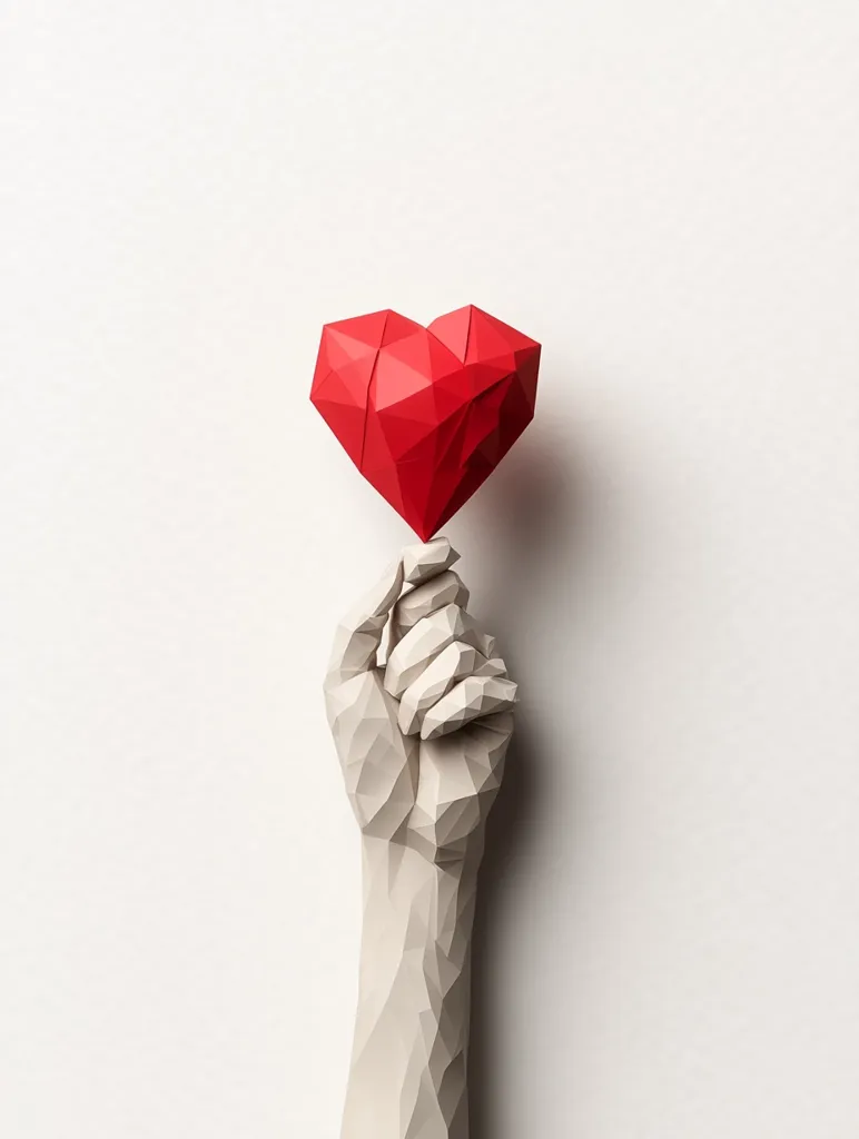 A low-poly, light beige arm reaches upward, gently holding a vibrant red, geometric heart. The clean white background accentuates the sharp angles of the sculpted hand and heart, creating a striking visual contrast. The image evokes feelings of love, care, and perhaps a sense of offering or presentation.  The style is minimalist and modern.