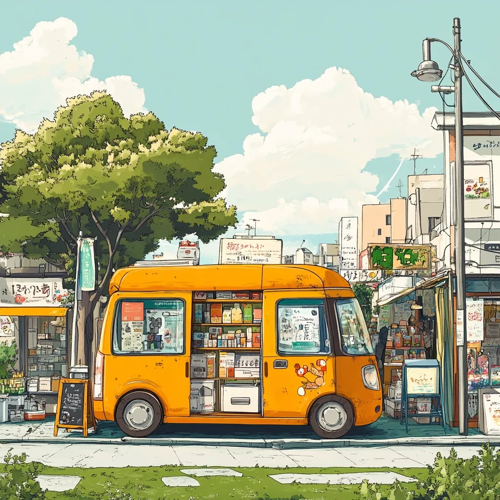 A vibrant illustration depicts a sunny street scene, likely in Japan.  A bright orange van, fully stocked with various goods, acts as a mobile shop.  It's parked beside smaller stores under a lush green tree, on a street with a classic, slightly aged feel. The style is reminiscent of anime or manga, with soft, slightly muted colors and a peaceful atmosphere.  Buildings in the background feature Japanese signage, adding to the setting's authenticity.
