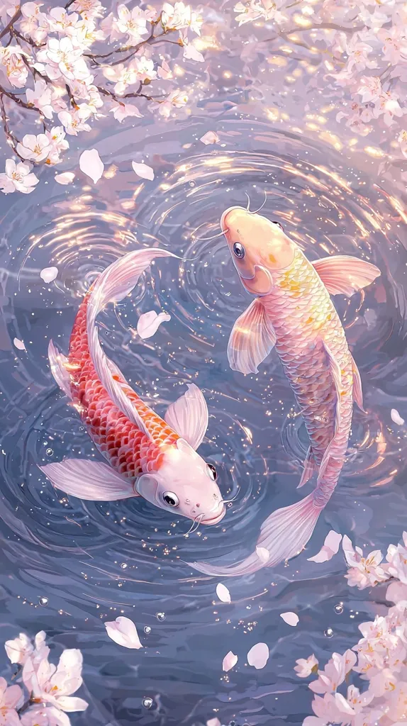 Two Koi fish, one pale pink and the other a delicate blend of pink and orange, swim gracefully in a serene pond.  Soft, pastel light filters through the water, illuminating the fish and scattering cherry blossom petals on the surface.  The overall aesthetic is dreamy and peaceful, evoking a sense of tranquility and beauty.  The image is highly stylized, with a focus on soft colors and gentle lines.