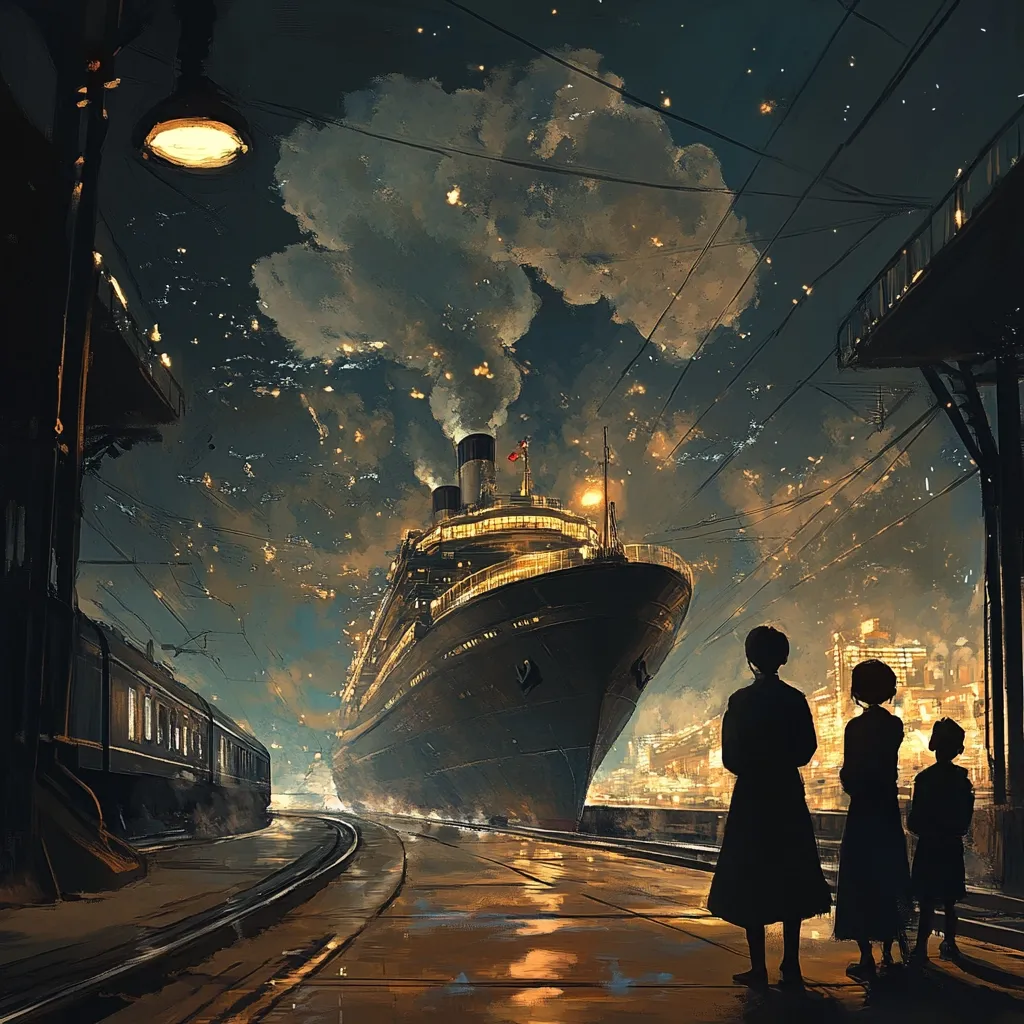 A large, illuminated ocean liner dominates a nighttime scene, its steam billowing under a starlit sky filled with glowing particles. Three silhouetted figures, possibly a family, stand on a rain-slicked platform beside a train track, gazing up at the majestic vessel. The scene evokes a sense of wonder and departure, with the city lights twinkling in the distance, creating a surreal and dreamlike atmosphere.  The overall style is painterly and evocative.