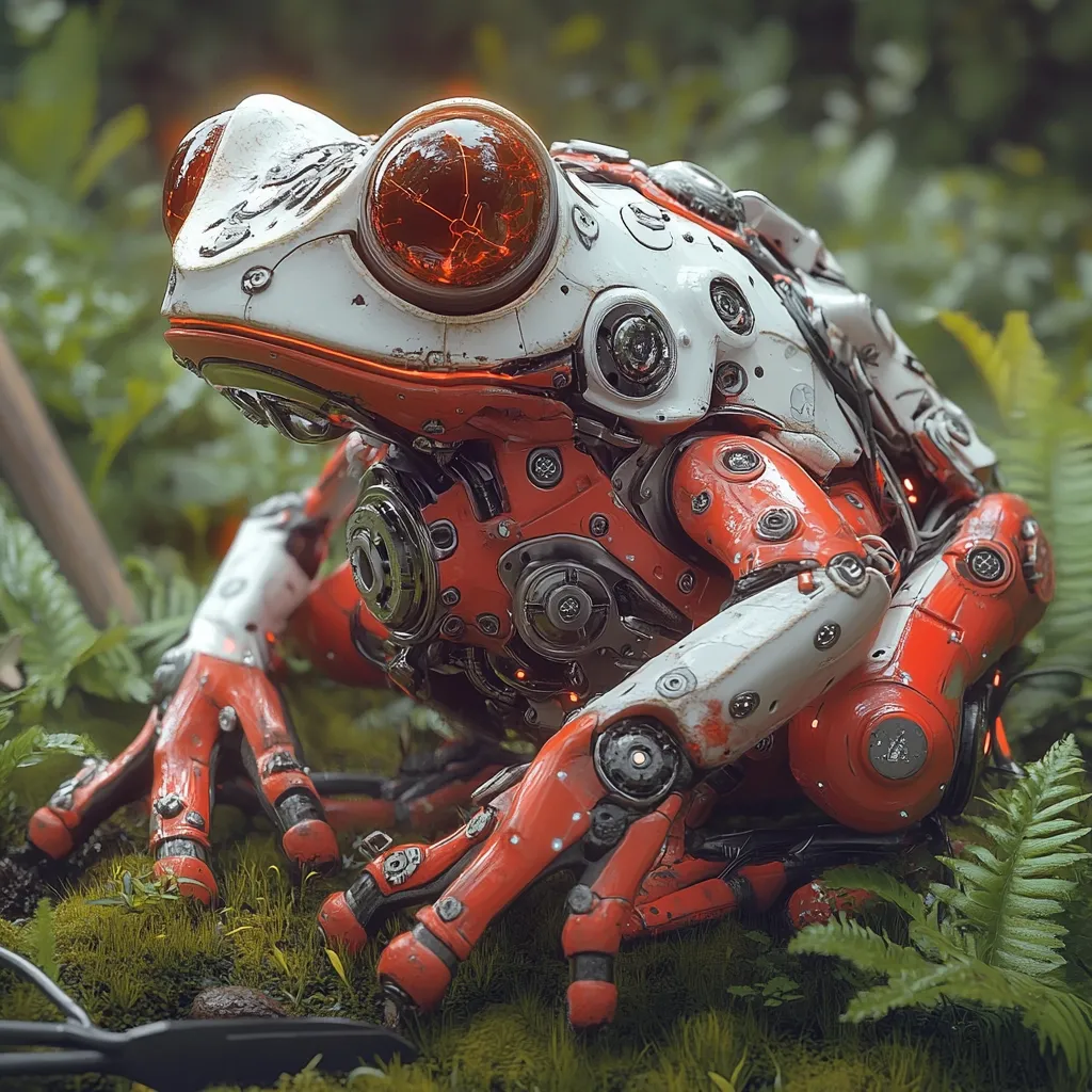 A meticulously detailed robotic frog, predominantly red and white, crouches amidst lush green foliage.  Its design is intricate, showcasing exposed mechanical components and glowing orange eyes. The robot frog appears weathered, suggesting age or use, adding to its unique character.  The scene is rendered with photorealistic detail, emphasizing the contrast between the organic setting and the mechanical creature.