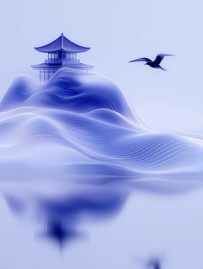 A serene digital artwork depicts a traditional East Asian pagoda perched atop a stylized, undulating landscape rendered in shades of blue.  A single bird flies gracefully across the scene. The scene is peaceful and ethereal, with a soft, dreamlike quality enhanced by the muted color palette and the flowing lines of the hills.  The pagoda's reflection is subtly visible in the water below.