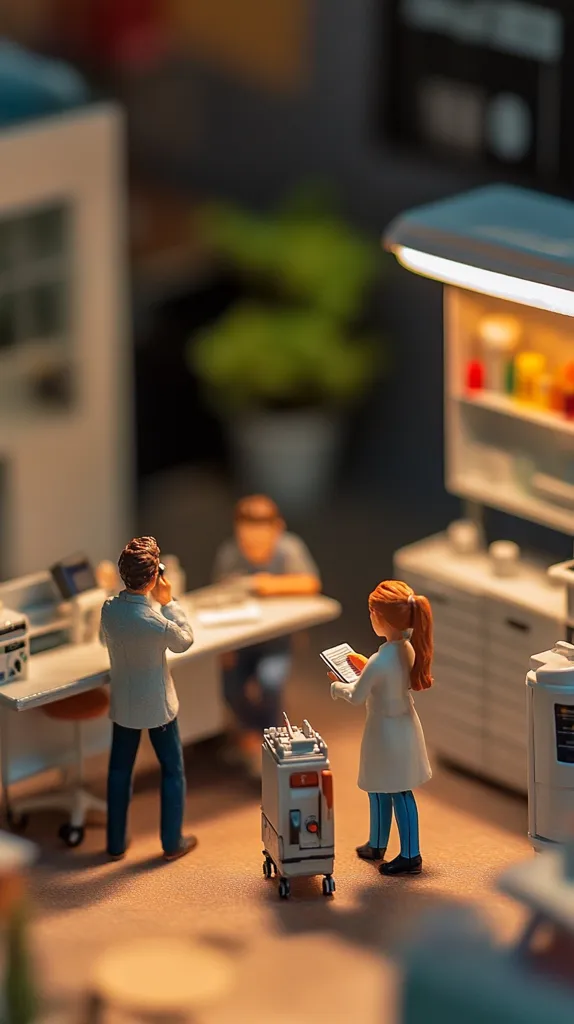 Miniature figures depict a scene in a lab or hospital.  Two scientists in lab coats work at a lab bench, one on the phone, the other reviewing notes. A third person sits in the background.  A small medical device sits between the two central figures. The setting is detailed, with shelves and equipment suggesting a busy medical environment. The warm lighting creates a focused and intimate atmosphere.