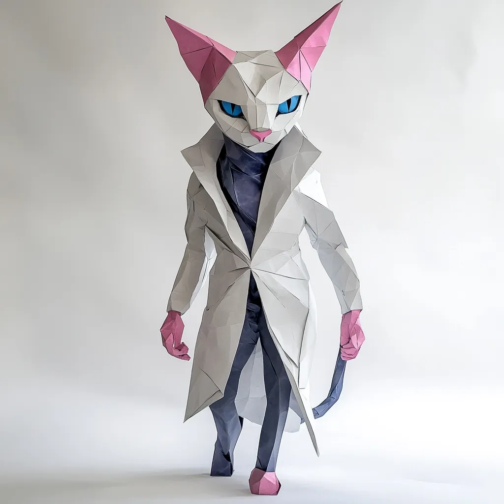 A striking origami sculpture depicts a stylized cat wearing a long, grey coat.  The cat's head is large with bright blue eyes and pink ears, contrasting with the monochromatic coat and dark grey pants.  The overall effect is a sophisticated, almost mysterious, figure with a blend of animal and human characteristics, presented in a minimalist setting against a white background. The intricate folds of the paper create a textured and detailed appearance.