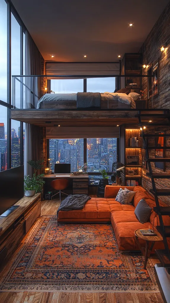 A stunning loft apartment boasts a mezzanine bedroom overlooking a spacious living area.  Large windows offer breathtaking city views at night.  The interior design is a blend of industrial and bohemian styles, featuring a burnt orange sectional sofa, wooden accents, and a richly patterned rug.  A workspace and built-in shelving add functionality to the open-plan layout.  The overall ambiance is warm, inviting, and sophisticated.