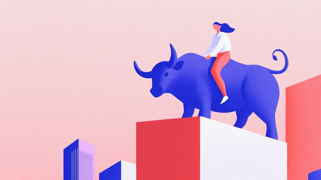 A stylized illustration depicts a woman riding a blue bull atop a red and white geometric structure, suggesting financial success or market dominance.  The scene is set against a soft pink background with hints of city buildings in the lower left corner. The bold colors and simple forms create a modern, graphic feel.