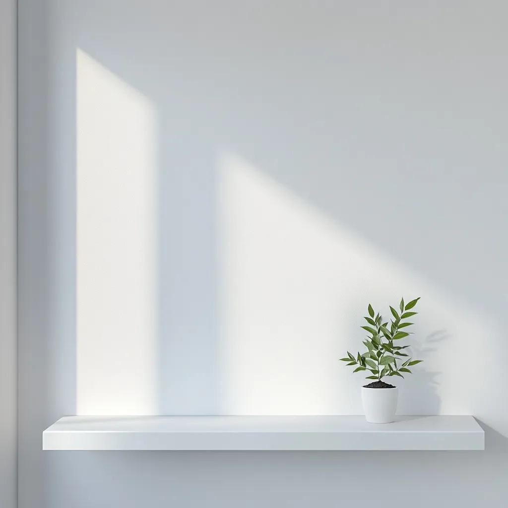 A minimalist scene features a sleek, white floating shelf mounted on a white wall.  Sunlight casts shadows across the wall.  A small potted plant with vibrant green leaves sits centrally on the shelf, providing a touch of nature to the otherwise clean, modern aesthetic. The overall impression is one of calm and simplicity.