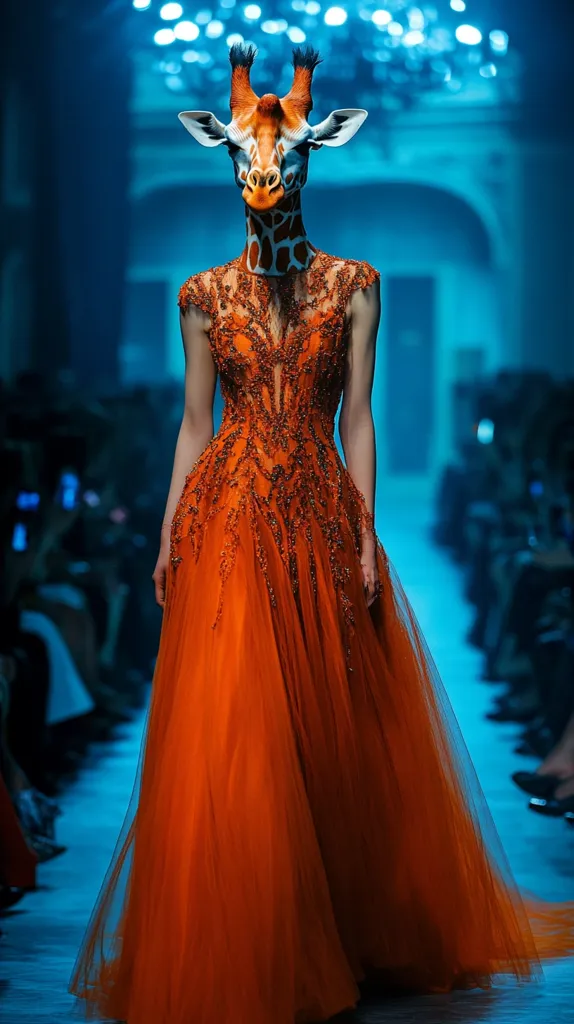 A model on a runway wears a striking orange tulle gown embellished with dark orange beading.  The gown is sleeveless with a V-neckline.  The most unusual feature is the model's head, which is replaced by a realistic giraffe head. The background is a blurred teal, highlighting the vibrant orange of the dress. The overall effect is surreal and dramatic.