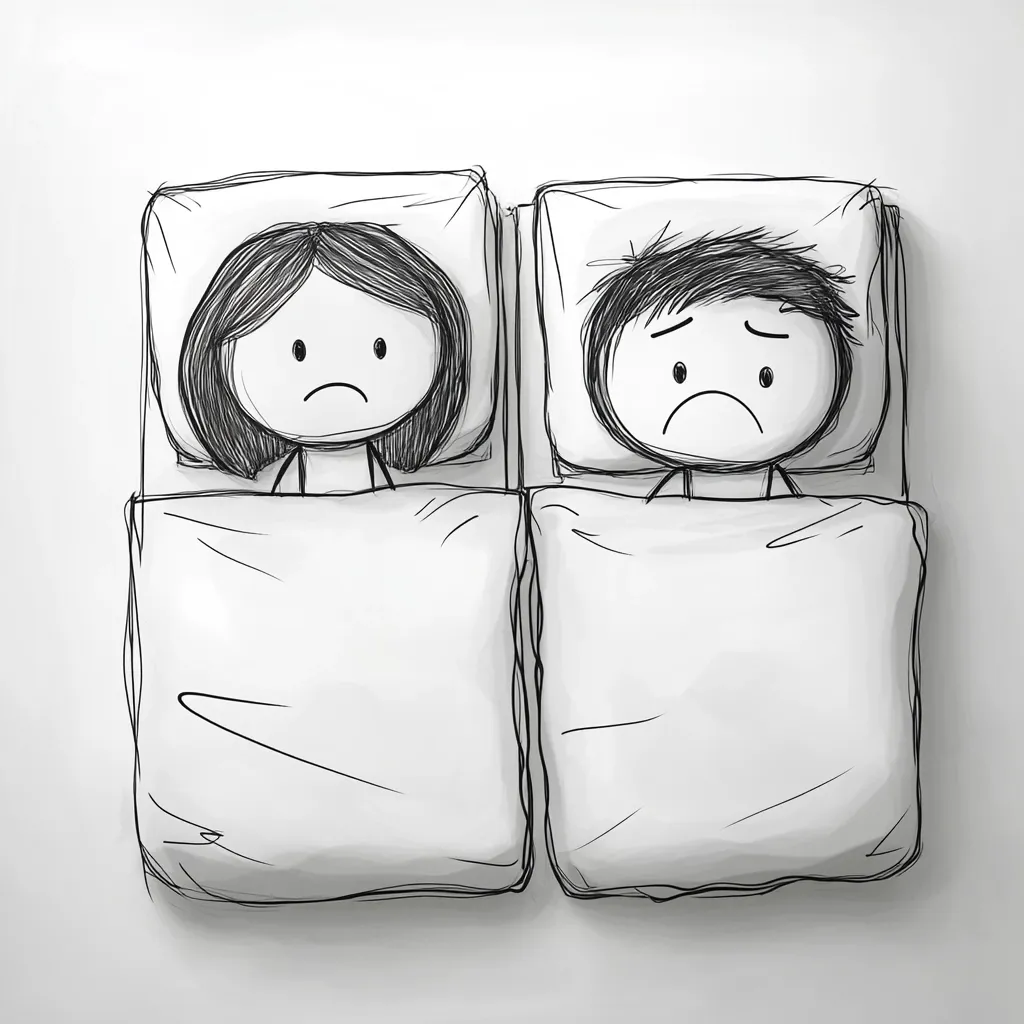 A simple sketch shows a man and woman lying in bed, both looking sad and turned away from each other.  They are drawn in a minimalist style with simple features and are covered by blankets up to their chins.  The overall impression is one of unhappiness or marital discord.