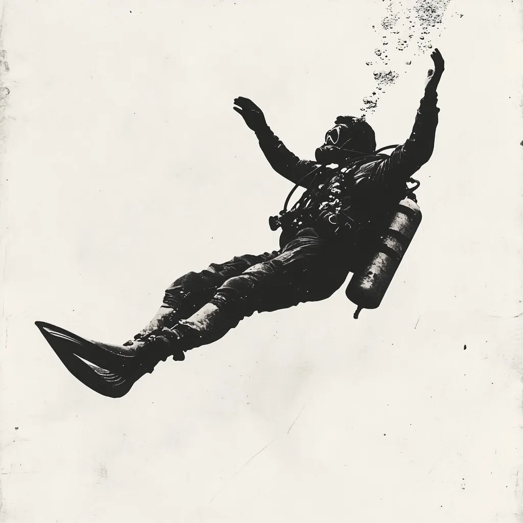 A black and white image depicts a diver in mid-air, arms outstretched,  ascending from underwater.  Bubbles rise behind them, indicating their movement from below. The diver's silhouette is stark against the light background,  and their diving gear, including an oxygen tank and fins, are clearly visible.  The overall impression is one of weightlessness and freedom.