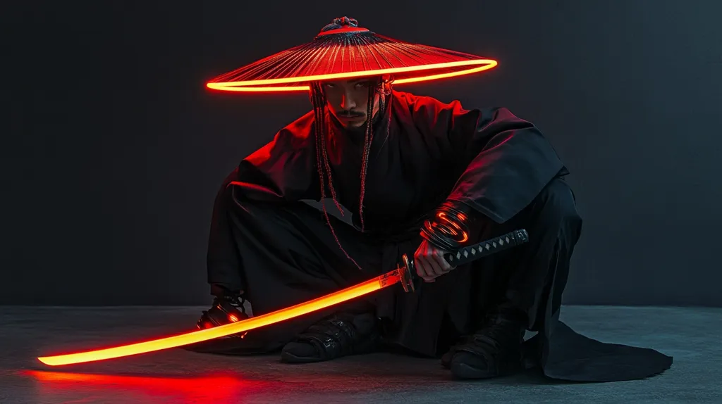 A person wearing a black robe and a wide-brimmed hat with a neon red glow sits on the floor, holding a katana with a similarly glowing blade. The dark background emphasizes the vibrant red light illuminating the subject and their weapon. The overall aesthetic blends traditional Japanese attire with futuristic neon lighting, creating a striking visual contrast.  The pose suggests a warrior or cyberpunk character.