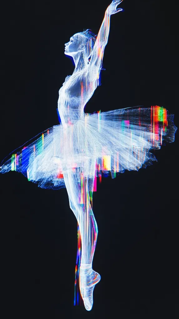 A digital rendering of a ballerina in a white tutu.  The image is stylized with a glitch effect, creating a fragmented, wireframe-like appearance with streaks of vibrant, multicolored light. The ballerina is posed in a graceful arabesque, her arms extended and her body outlined by the luminous lines.  The dark background accentuates the glowing figure.